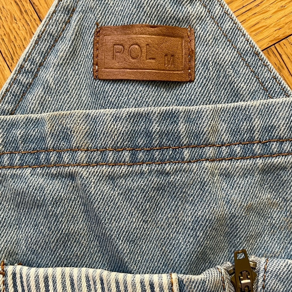 POL Slim Leg Denim Overalls With Patchwork Raw Hem 100% Cotton Size MEDIUM NEW - Picture 13 of 14